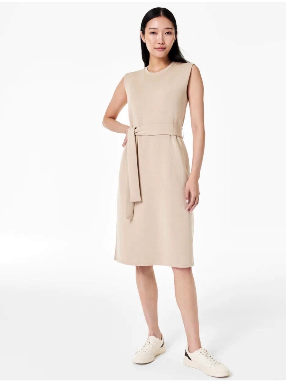 SPANX AirEssentials Tie Waist Midi Dress Taupe Padded Shoulder Size XL